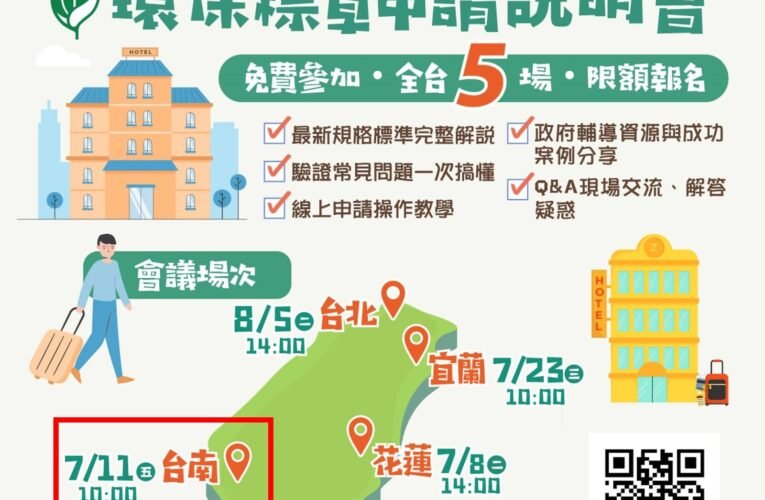 臺南市環保標章旅宿業達 14 家 7 月 11 日辦說明會