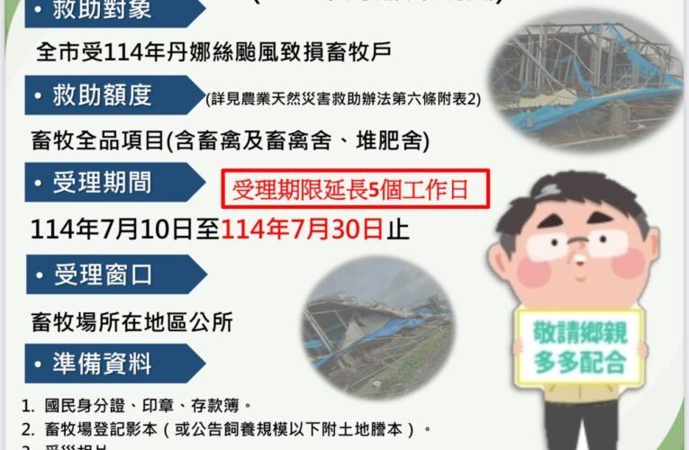 台南農業多品項救助申報期延長，最遲至 7 月 31 日