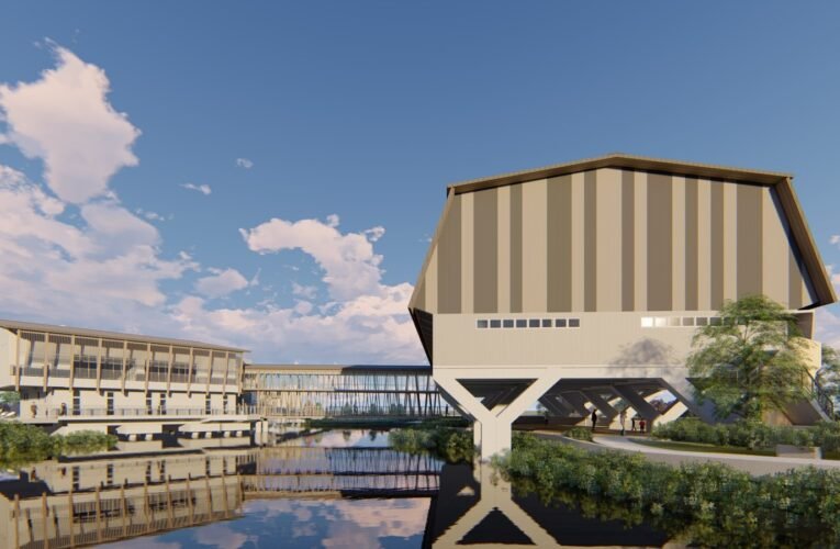 臺南市安南區全民運動館工程進度達60%  連接水岸亮點鋼橋鋼結構已完成吊裝