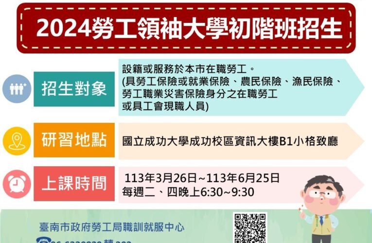 南市勞工領袖大學初階班招生中  結訓後可獲得成大學分證明