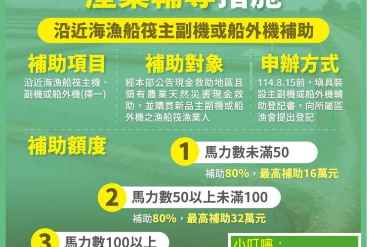 臺南漁民注意 丹娜絲颱風災後機器補助申請將截止