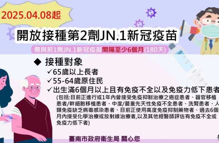 4月8日起，65歲以上長者記得接種第二劑加強劑JN.1 COVID-19疫苗，提升保護力，共同守護健康！