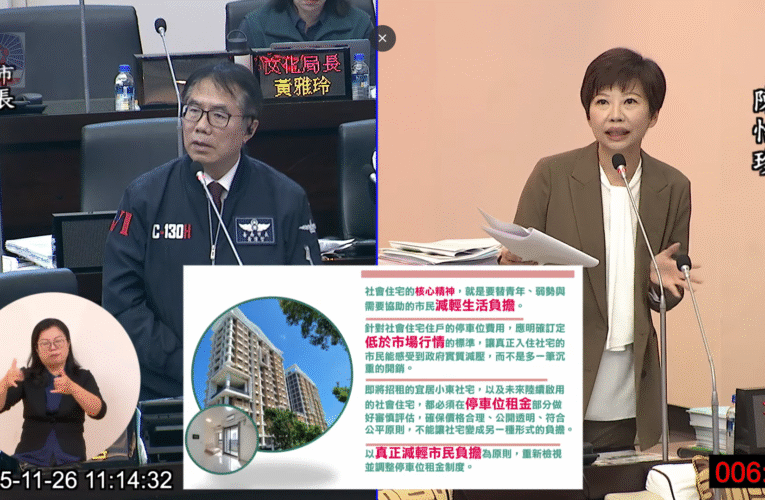 台南市議員陳怡珍質詢市府多項民生議題，社宅停車費等問題引關注