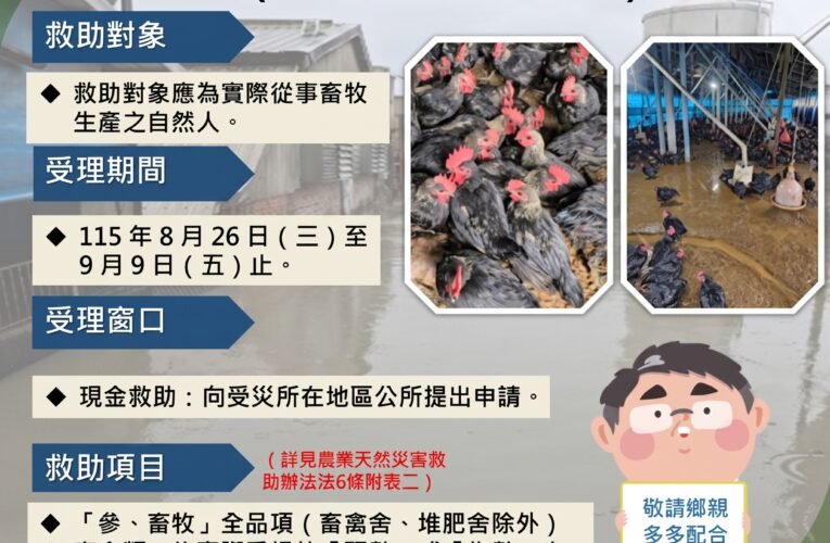 豪雨造成畜禽死亡　臺南畜牧災損可申請天然災害現金救助
